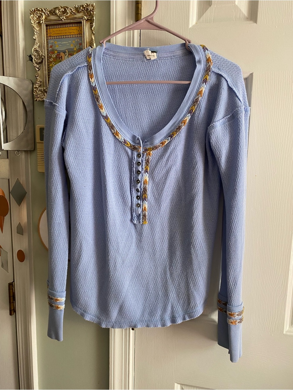 Free People We the Free Rainbow Thermal Henley Long Sleeve Blue Size M Boho